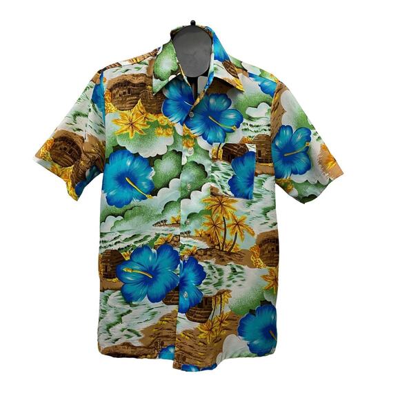 Vintage 1970s Hawaiian Tiki Print Button Down Board Shirt / Men's Medium - Picture 5 of 7